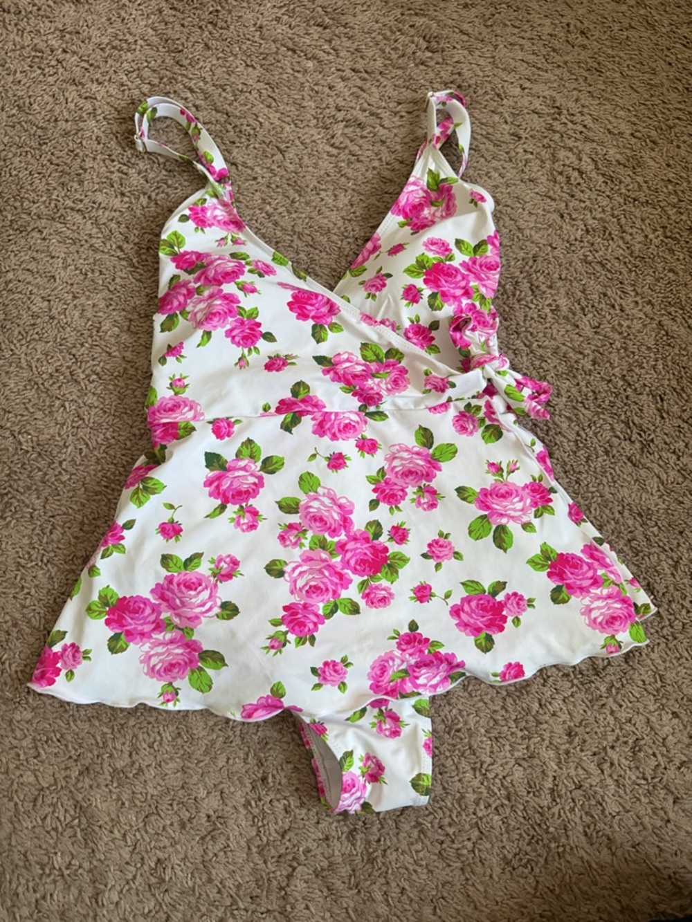 White Floral One-Piece Swimsuit with Pink Rose Print